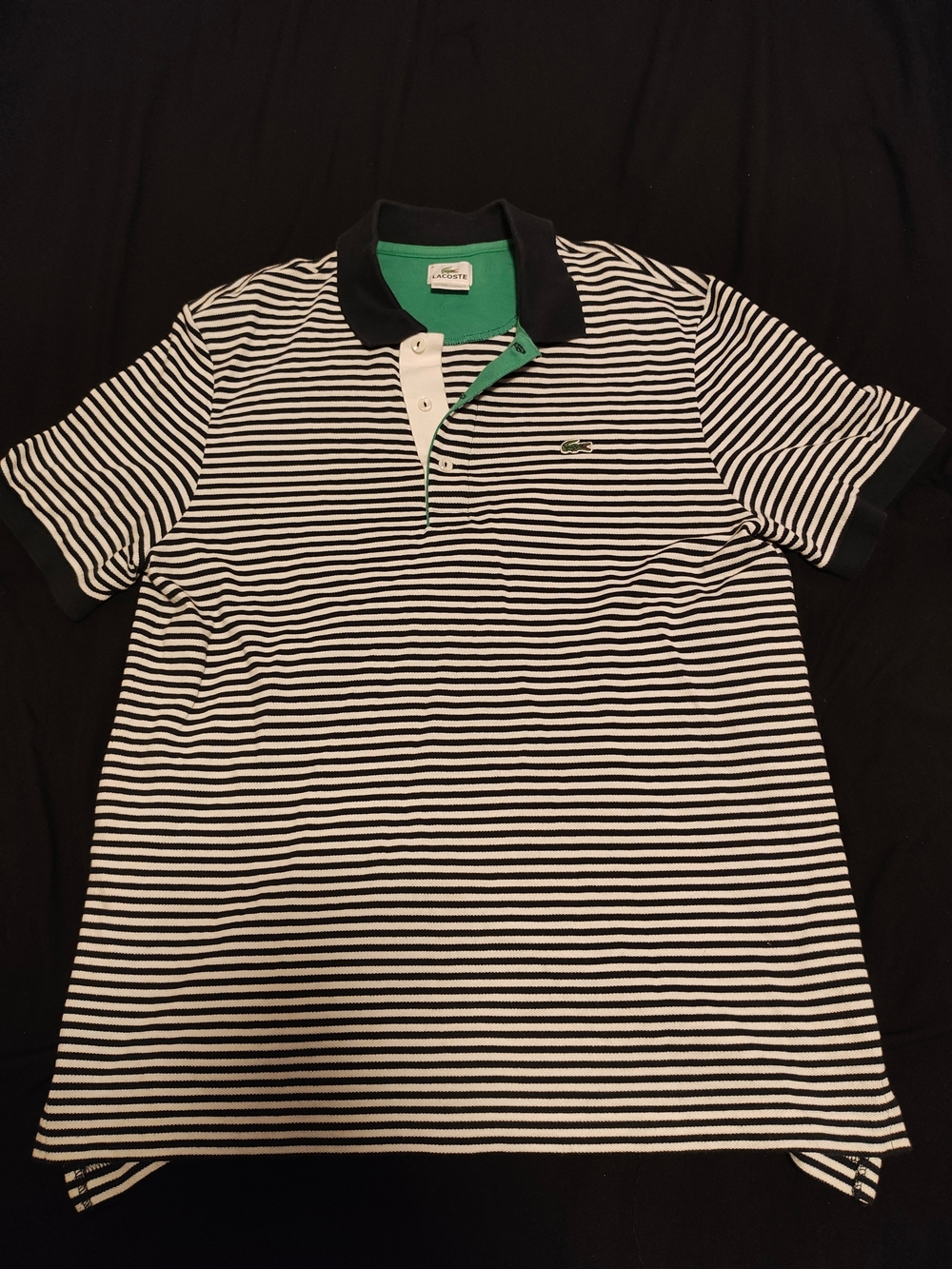 2000's Lacoste Black & White Striped Polo with Green Trim Size 5 (L)